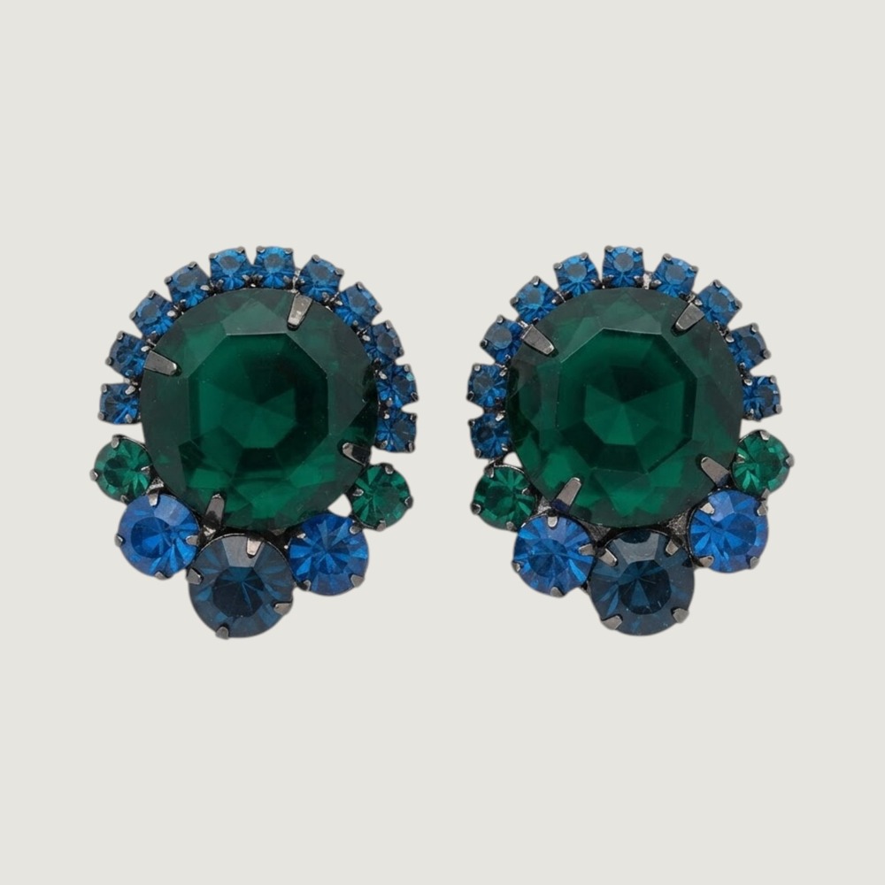 Vintage Blue Emerald Green Rhinestone Clip On Earrings Japanned Hollywood Glam